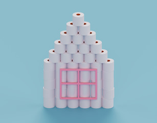 a paper toilet house, a pyramid of toilet paper on a blue background