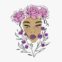 Dark-skinned girl in flowers.