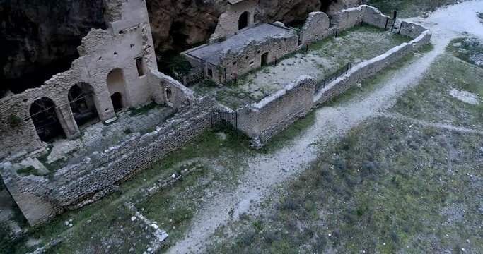 Aerial view of Remains of the old Benedictine abbey in the Gorges of Fara San Martino. Pope Celestine V Hermitage. Fara San Martino, Majella National Park, Chieti, Abruzzo, Italy, Europe