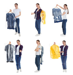 Obraz premium Collage of woman holding hanger with clothes on white background. Dry-cleaning service