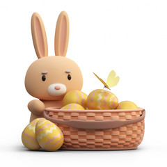 Easter Bunny with a basket or hamper of eggs on white background