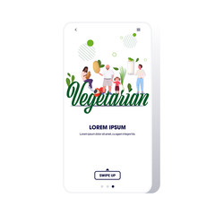 mix race people on vegetarian word holding nuts vegetables and plant based milk healthy lifestyle vegan fresh raw food vegetarian concept smartphone screen mobile app full length copy space vector