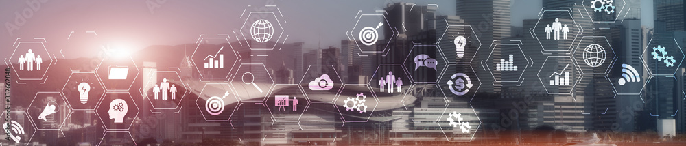 Poster erp enterprise resource planning system on virtual screen with connections between business intellig