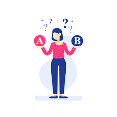 Woman thinking, decision making, difficult choice, choose between two options, considering alternative