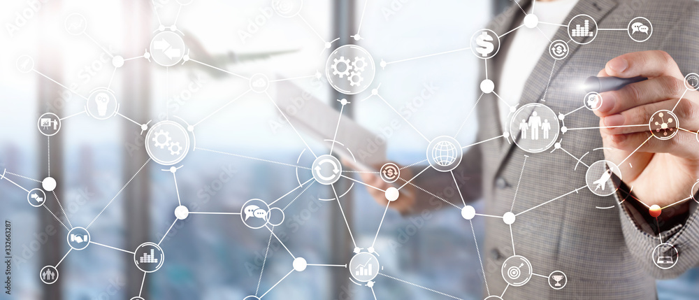 Poster business process structure industrial workflow diagram automation innovation concept on virtual scre