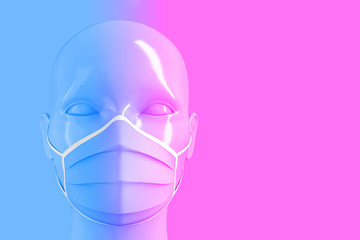Medical concept, prohibition of freedom of speech. Women's shiny fashionable head in a medical mask colored on a light background in pastel colors. 3D stock illustration.