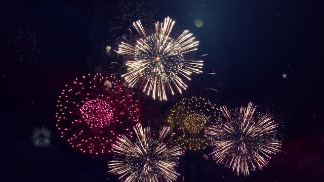 4K Beautiful fireworks show of fireworks for background. Loop Animation Background. Birthday, Anniversary, Celebration, Holiday, new year, Party, Invitation, Christmas, festival, greeting, Diwali