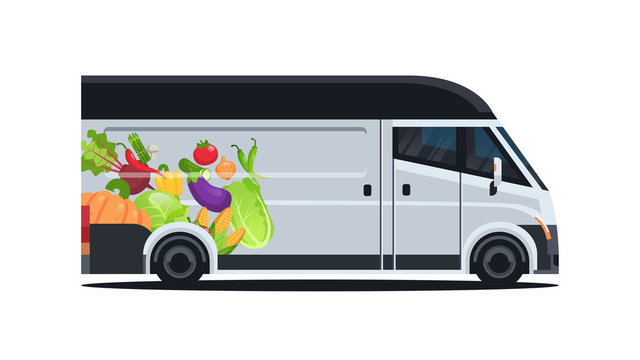 realistic van with organic vegetables natural vegan farm food delivery service vehicle with fresh veggies horizontal flat vector illustration