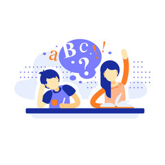 Two school girl and boy sitting at the desk studying, fun educational program concept, active learning