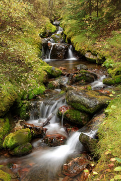 Slow Shutter Speed Image of a Beautiful Stream with Moss Covered Rocks