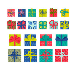 Set of a front and top view flat colorful gift boxes with ribbons and bows on a white background. Easy to use and a one-click recolor holiday vector design.