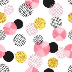 Motif en pointillé sans couture avec des cercles roses, noirs et dorés. Abstrait géométrique de vecteur avec des formes rondes.