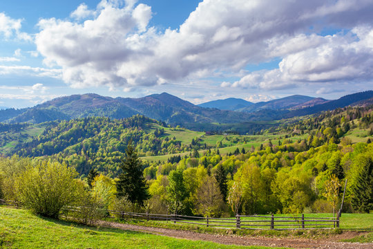 beautiful rural landscape in mountains. fence along the path through fields and meadows on hills rolling in to the distant ridge. trees in fresh green foliage. fluffy clouds on the sky