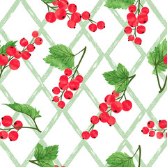 Seamless watercolor red currant pattern. Vector illustration of red ripe berries.