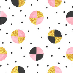 Seamless dotted pattern with pink, black and golden circles. Vector abstract background © Afanasia