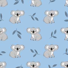 Seamless cute cartoon koala bears pattern. Vector illustration for kids.	