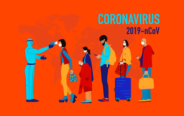 Bright Illustration of Coronavirus COVID-19 outbreak concept. Multiracial people in medical face mask standing in queue. Passengers are measured temperature. Novel coronavirus (2019-nCoV). 