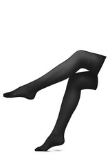 Subject shot of black nylon stockings without a design. One of female legs is raised up, the other one is on tiptoe. The photo is made on the white background.