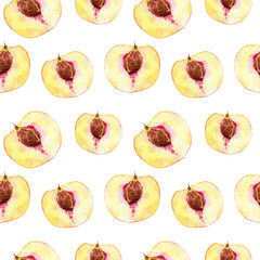 Watercolor hand drawn seamless pattern with peach half fruit with seed isolated on white background. Good for food packaging design, fabric, summer backdrop etc.