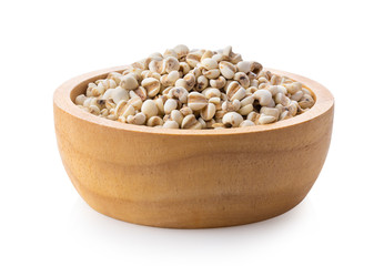 Pile of Adlay millet ( pearl millet or Job's tears ) in wood bowl on white background