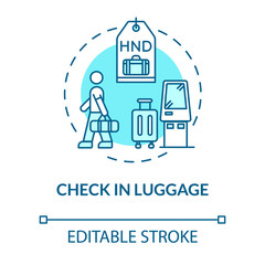 Check in luggage concept icon. Baggage claim idea thin line illustration. Passenger with hand luggage in airport terminal. Vector isolated outline RGB color drawing. Editable stroke