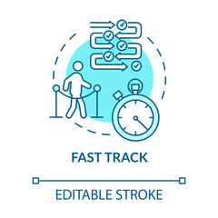 Airport fast track concept icon. Airline VIP pass, flight luxury class benefit idea thin line illustration. Passport control, short trip. Vector isolated outline RGB color drawing. Editable stroke