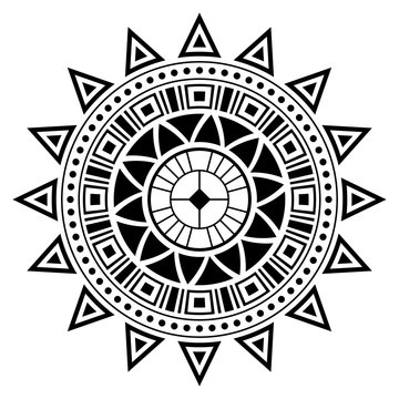 Abstract circular ornament. Ethnic mandala. Stylized sun symbol. Rosette of geometric elements. Tribal ethnic motif. Stencil tattoo and prints. Round  pattern. Decorative vector design element.