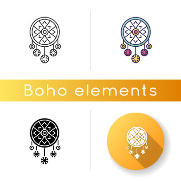 Boho style dreamcatcher icon. Native American Indian mystic symbol. Bohemian vintage accessory. Ethnic handmade home decor. Linear black and RGB color styles. Isolated vector illustrations