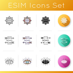Magical symbols icons set. Eye of providence, mysterious talisman. Mandala, lotus flower. Conspiracy and witchcraft signs. Linear, black and RGB color styles. Isolated vector illustrations