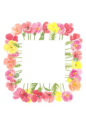 Obraz premium Watercolor hand drawn square floral summer composition with multi colored wild meadow poppies flowers. Frame with copy space isolated on white background