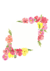 Watercolor hand drawn floral summer frame with multi colored wild meadow poppies flowers. design element with copy space isolated on white background