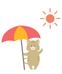 夏の太陽とパラソルとネコ