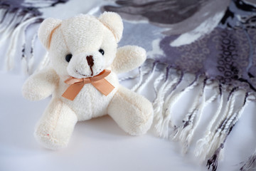 A soft beige bear is sitting there. Children's toy