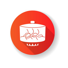 Obraz premium Stewing red flat design long shadow glyph icon. Delicious gravy, goulash preparation process. Cooking method, culinary technique. Pan with meat and vegetables silhouette RGB color illustration