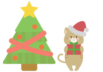 12月　クリスマスツリーとサンタのネコとプレゼント