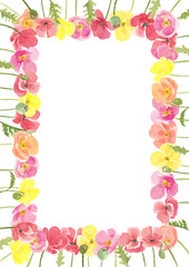 Watercolor hand drawn floral summer composition with multi colored wild meadow poppies flowers. Frame with copy space isolated on white background
