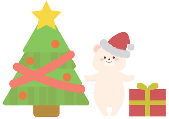 Obraz na płótnie Canvas 12月　クリスマスツリーとサンタのシロクマとプレゼント