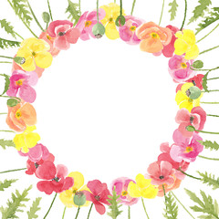 Watercolor hand drawn circle floral summer composition with multi colored wild meadow poppies flowers. Frame with copy space isolated on white background