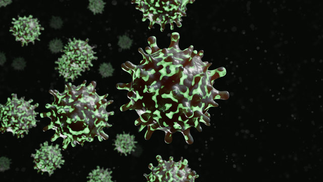 3D rendering Illustration of Coronavirus or COVID-19. Dangerous and deadly 2019-nCov global pandemic caused flu outbreak in China, Asia, Italy, USA. Microscope close up of SARS-CoV-2.