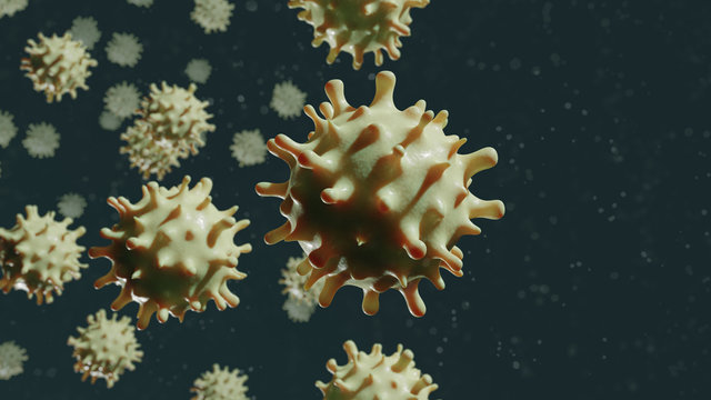 3D Illustration of COVID-19 virus, or Coronavirus. Dangerous and deadly SARS-CoV-2,  2019-nCov global pandemic caused flu outbreak in China, Asia, Italy, USA. Microscope close up. 3D rendering