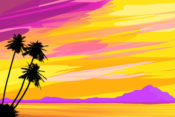 Fototapeta na wymiar Beach Sunset Illustration / Colorful Vibrant Artwork Of Tropical Landscape Palms By The Ocean