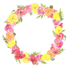 Watercolor hand drawn circle floral wreath with multi colored wild meadow poppies flowers and leaves. Frame with copy space isolated on white background