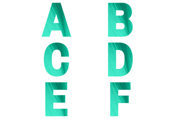 Green font Alphabet a, b, c, d, e, f made of banana's leaf background.