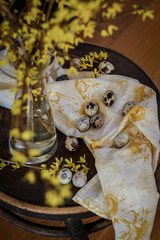 Quail eggs and yellow Forsythia blooms on a rustic chair. Easter still life