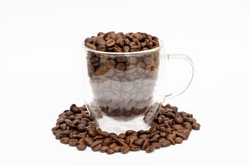 Glass thermos insulating cup transparent filled with and between coffee beans