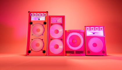 red speaker system on a red background in purple lighting