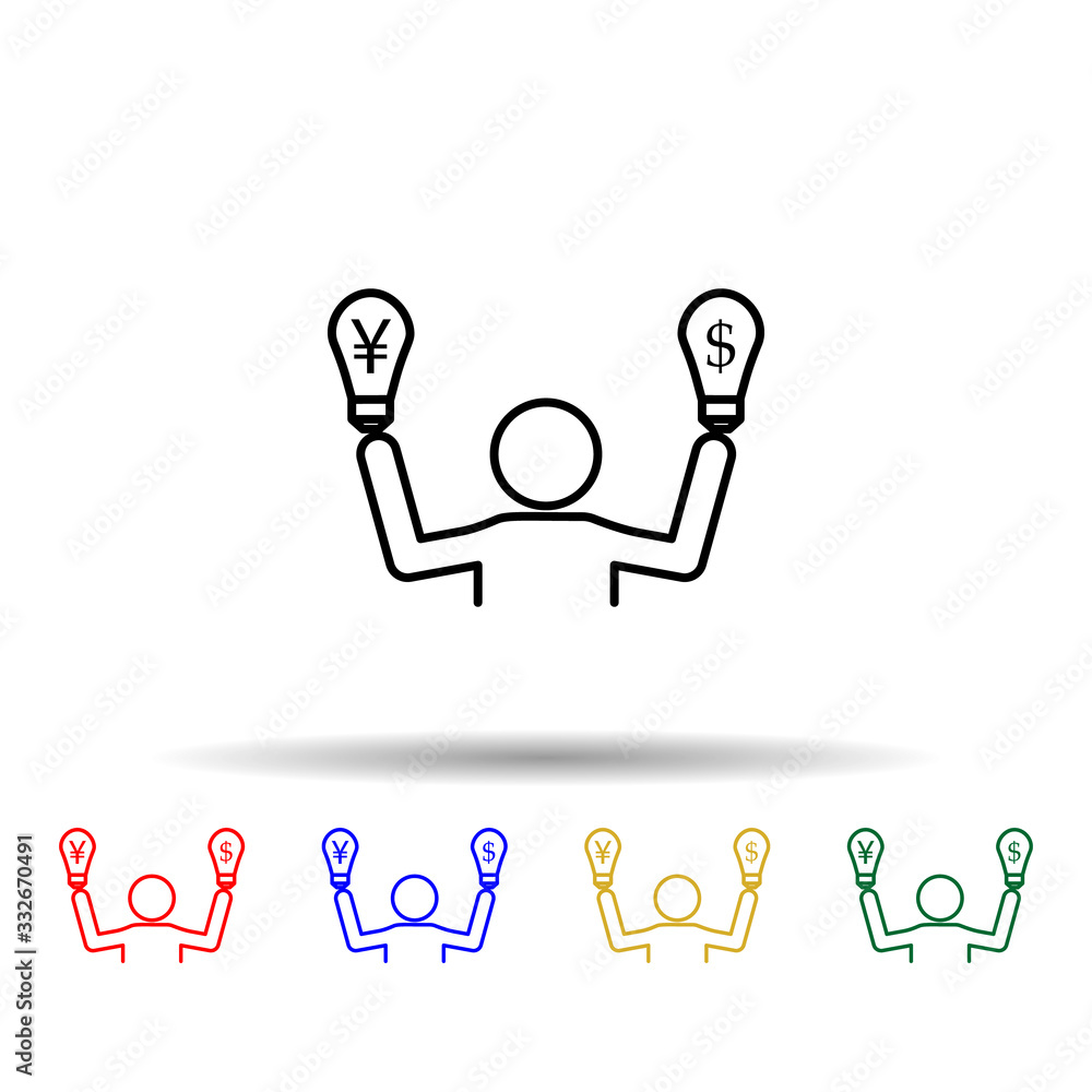 Poster bulb dollar and euro multi color icon. simple thin line, outline vector of trade wars icons for ui a