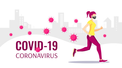 Web page design template for Coronavirus, Medicine, Health care, Immunity. Young woman running in mask and viruses. Vector illustration for poster, banner, website, flyer.