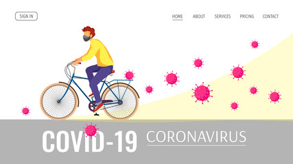 Fototapeta na wymiar Web page design template for Coronavirus, Medicine, Health care, Immunity. Young man biking in mask and viruses. Vector illustration for poster, banner, website, flyer.