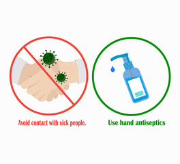 Avoid contact with sick people and use a hand sanitizer. Virus prevention - vector set icon. World Pandmia Coronavirus.